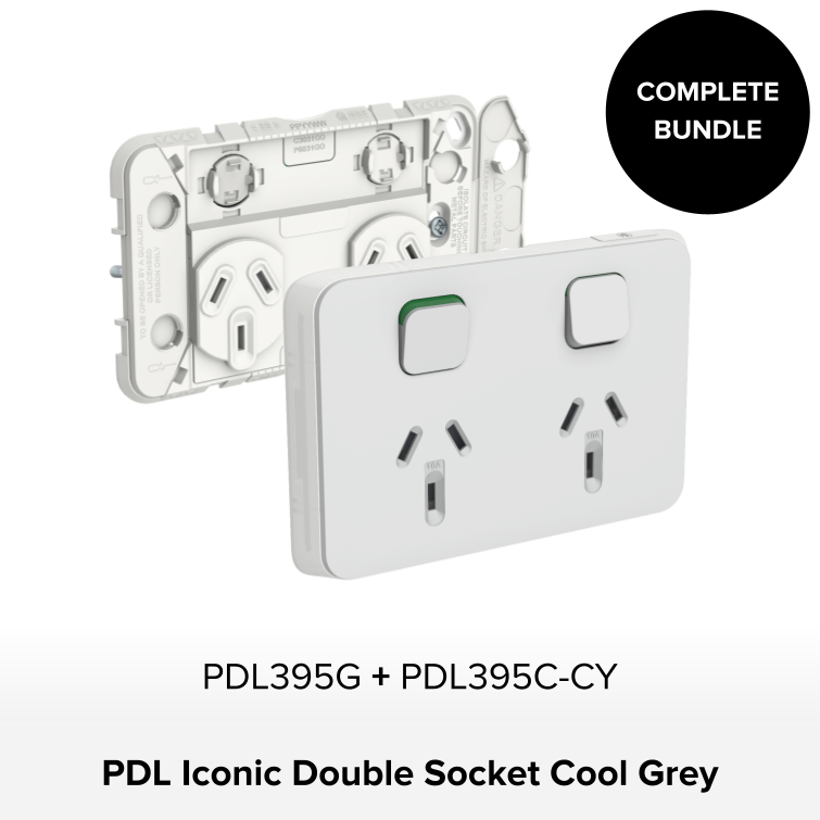 Bundle - PDL Iconic, 2 switch & 2 socket, Horizontal, 10 A + Skin - Cool Grey